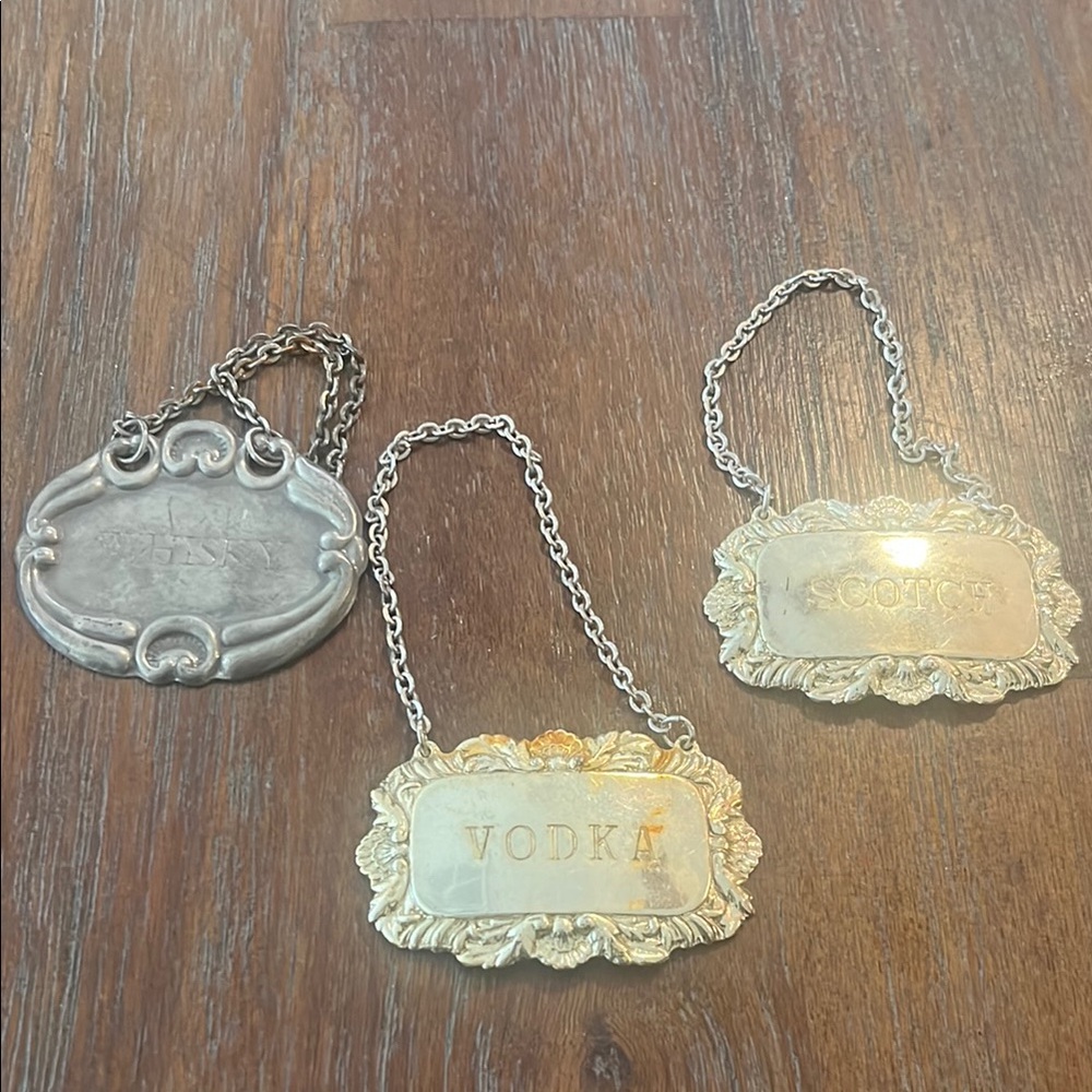 Vintage Silver Liquor Decanter Bottles Tags Set